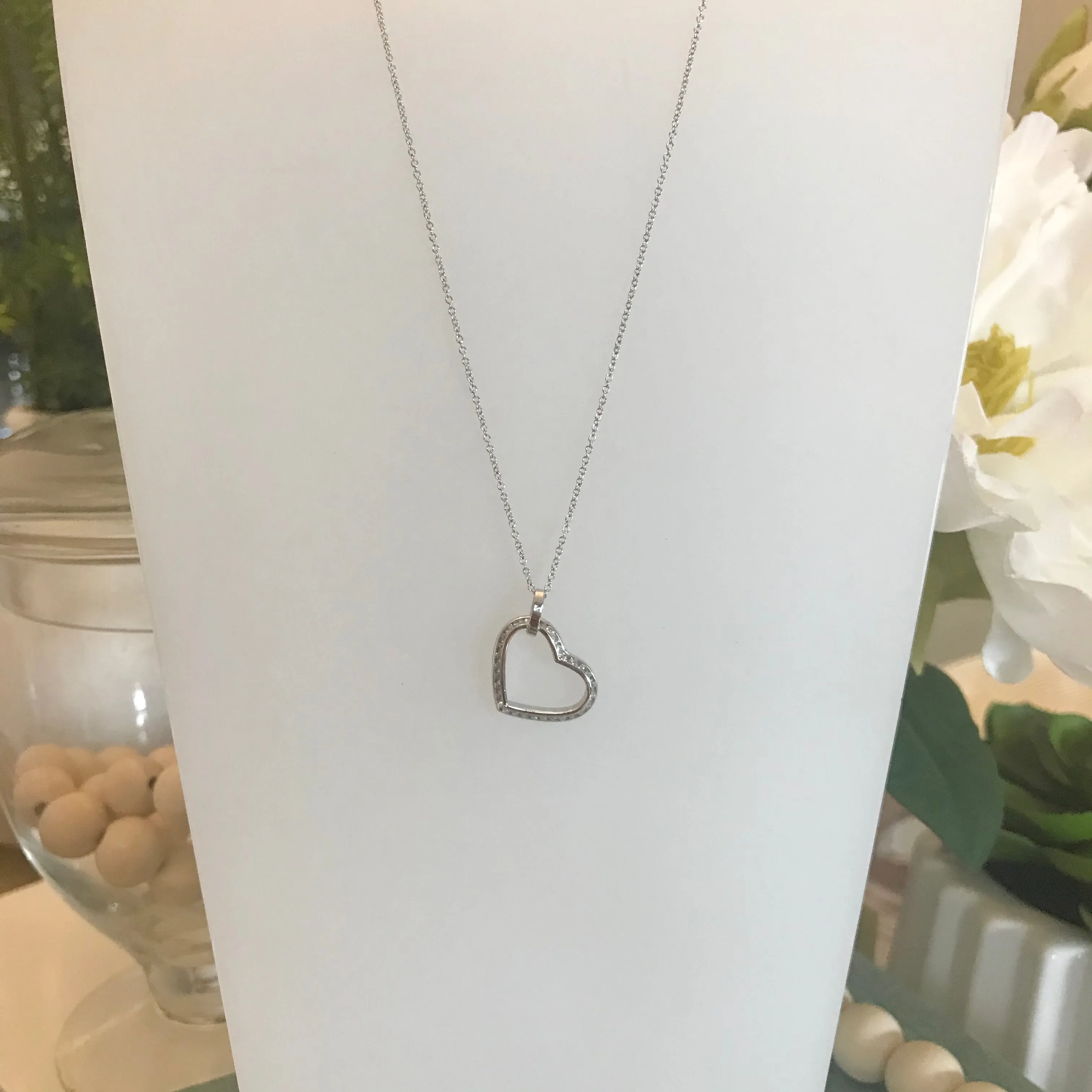 10K White Gold CZ Dangling Heart Necklace