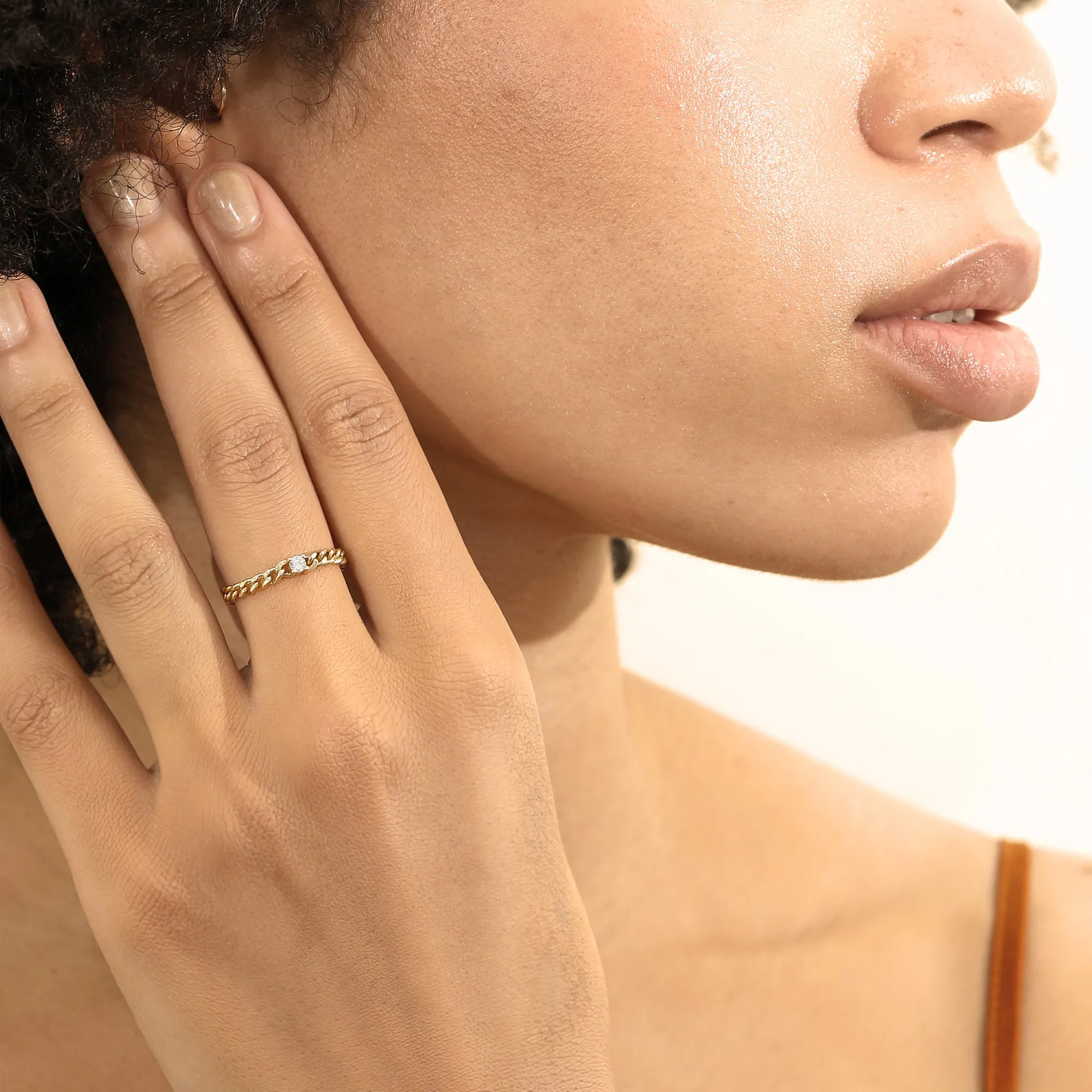 14k Gold Diamond Cuban Chain Ring, Salma