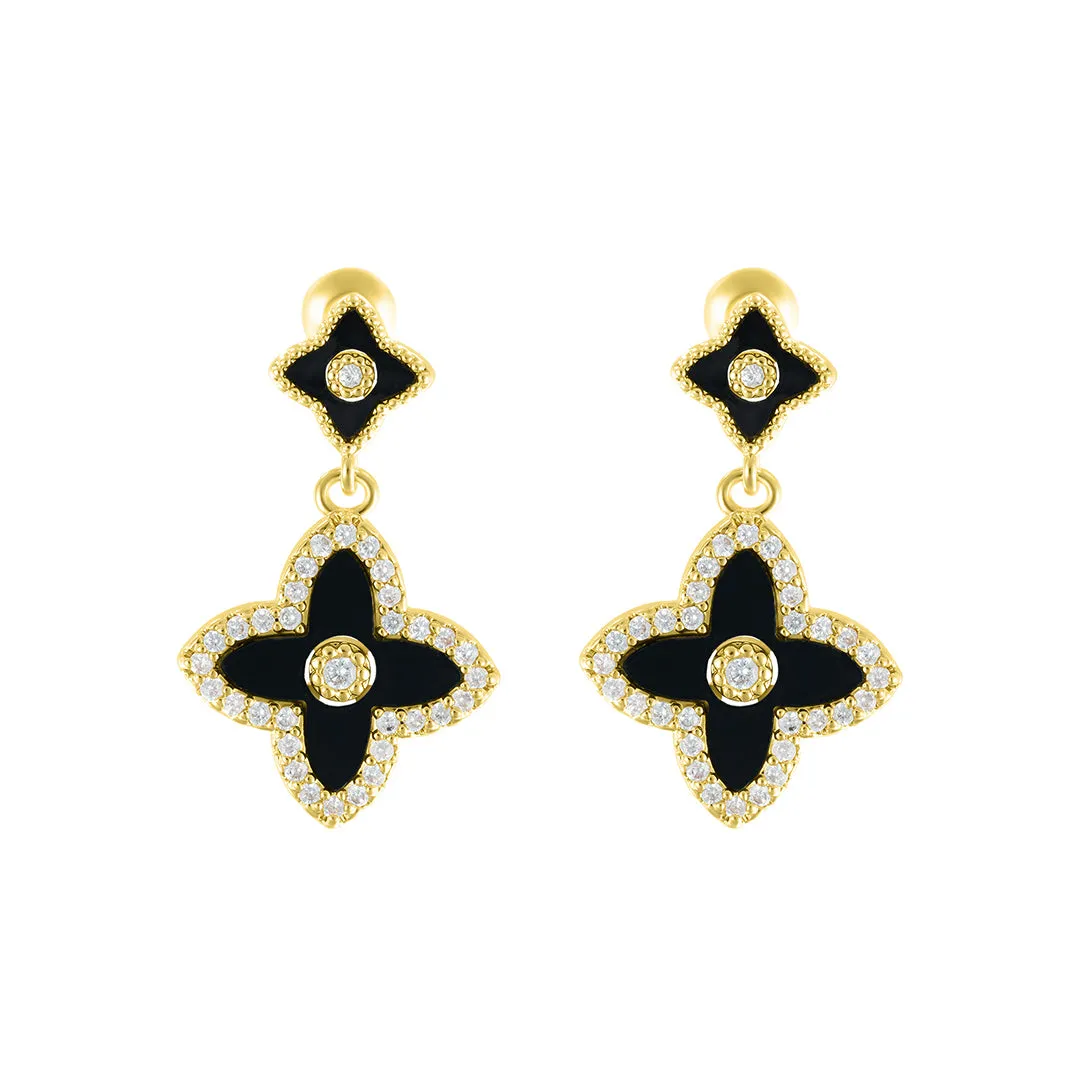 14k Gold Plated Black Clover Drop Earrings