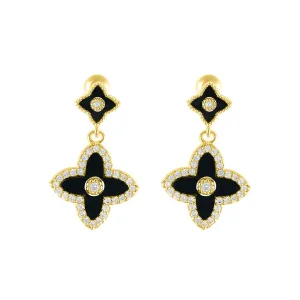 14k Gold Plated Black Clover Drop Earrings