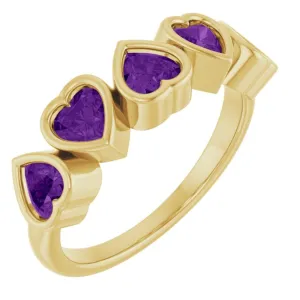 14K Yellow Gold Heart Amethysts Stackable Ring