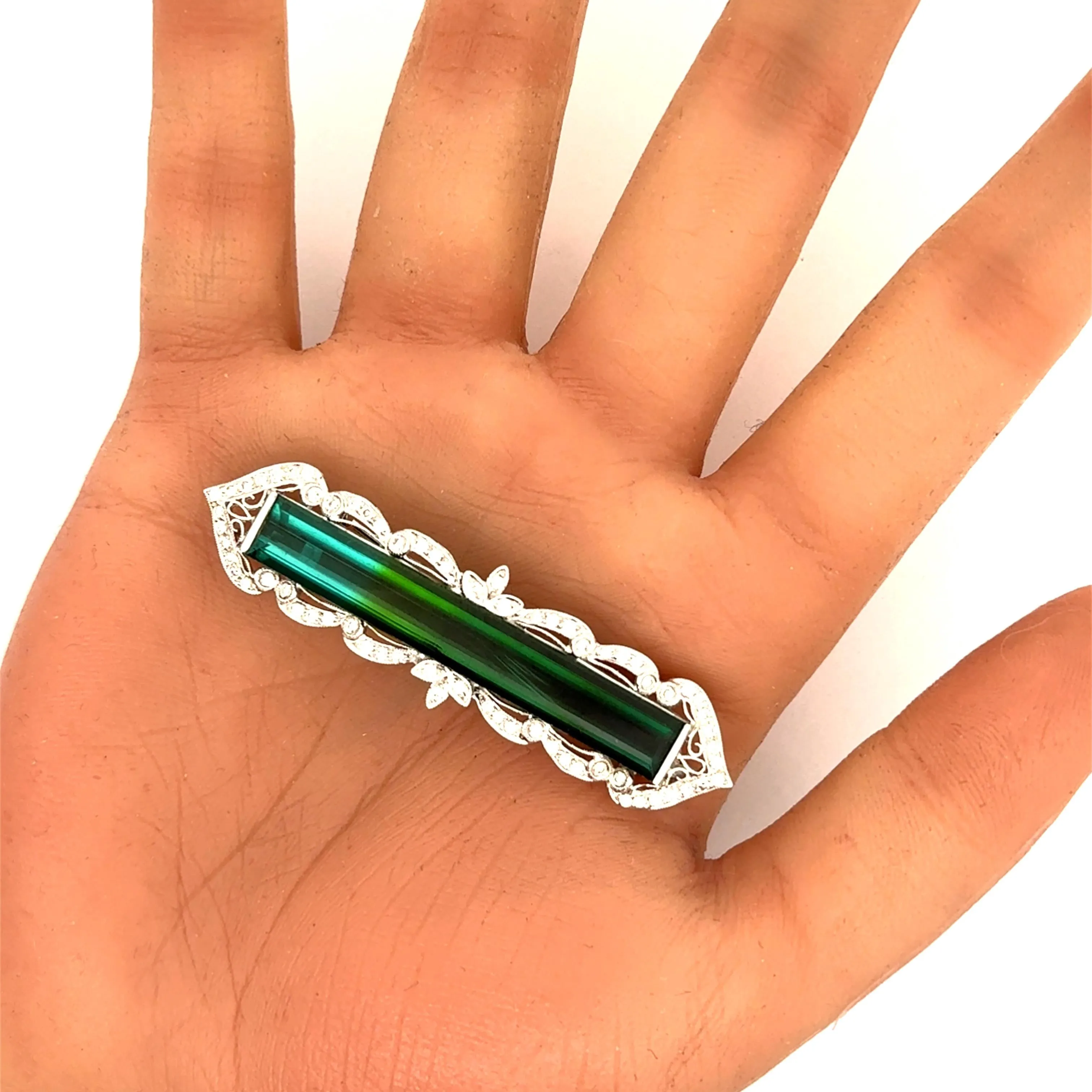 16 Carats Bi-Color Tourmaline Diamond 18k White Gold Antique Style Brooch