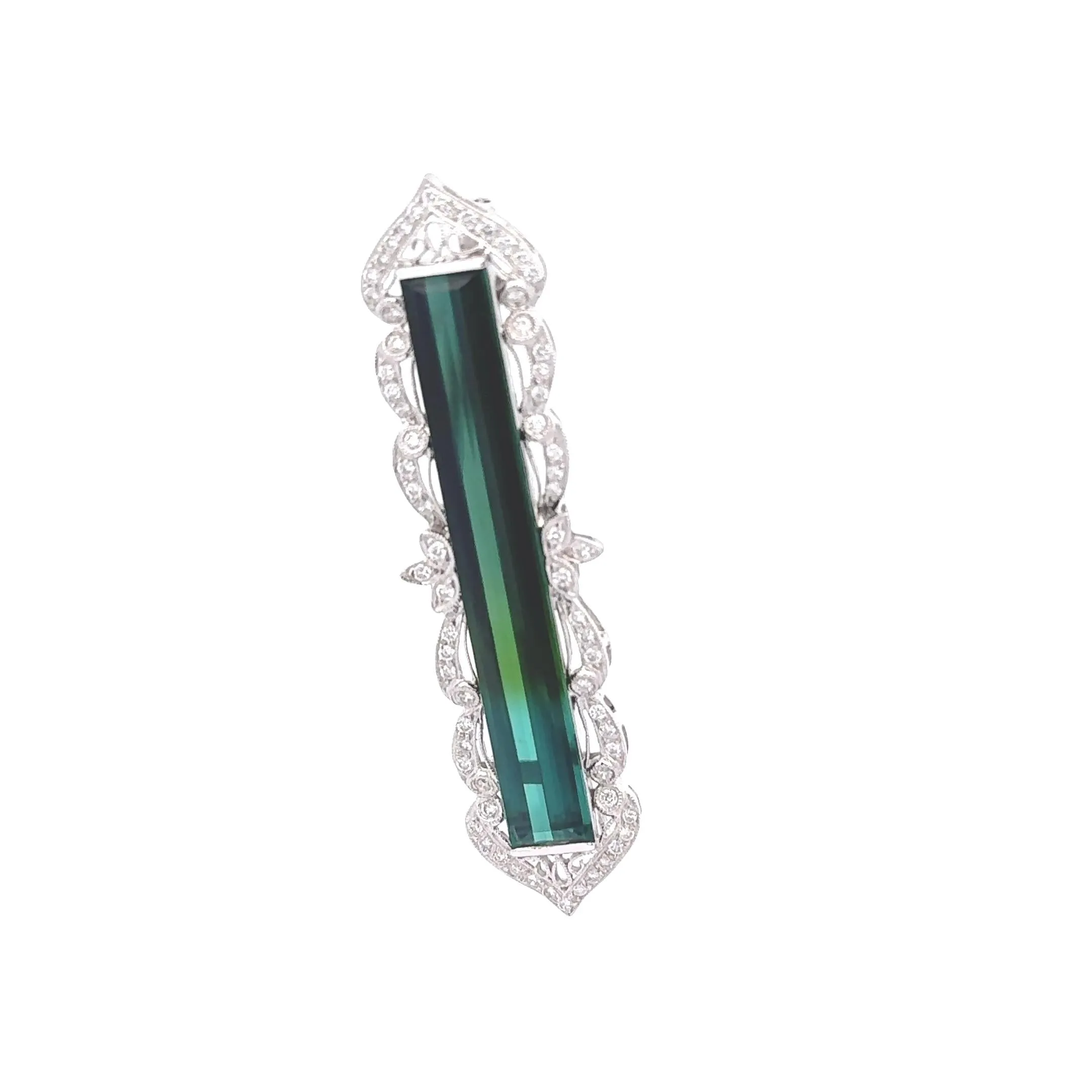 16 Carats Bi-Color Tourmaline Diamond 18k White Gold Antique Style Brooch