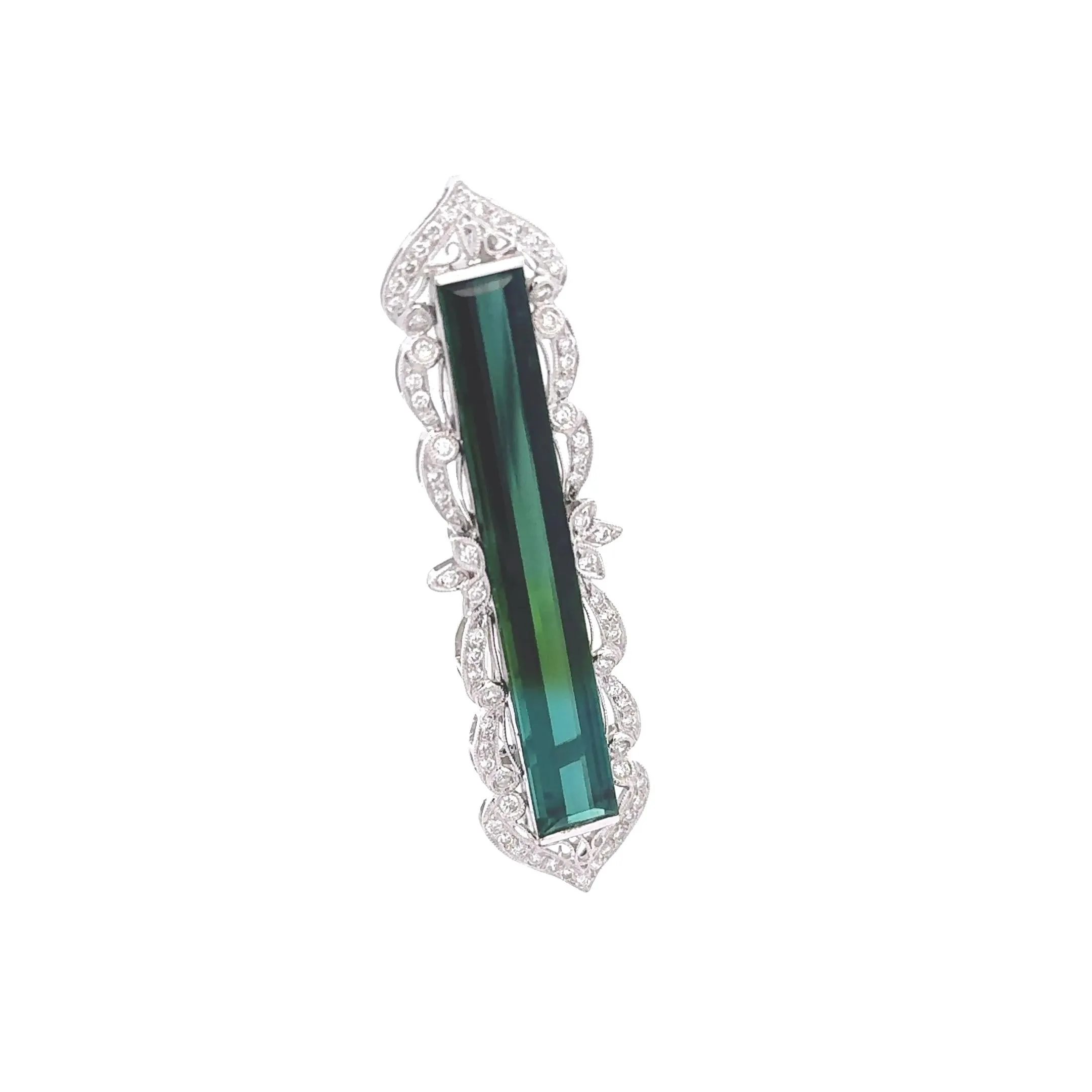 16 Carats Bi-Color Tourmaline Diamond 18k White Gold Antique Style Brooch