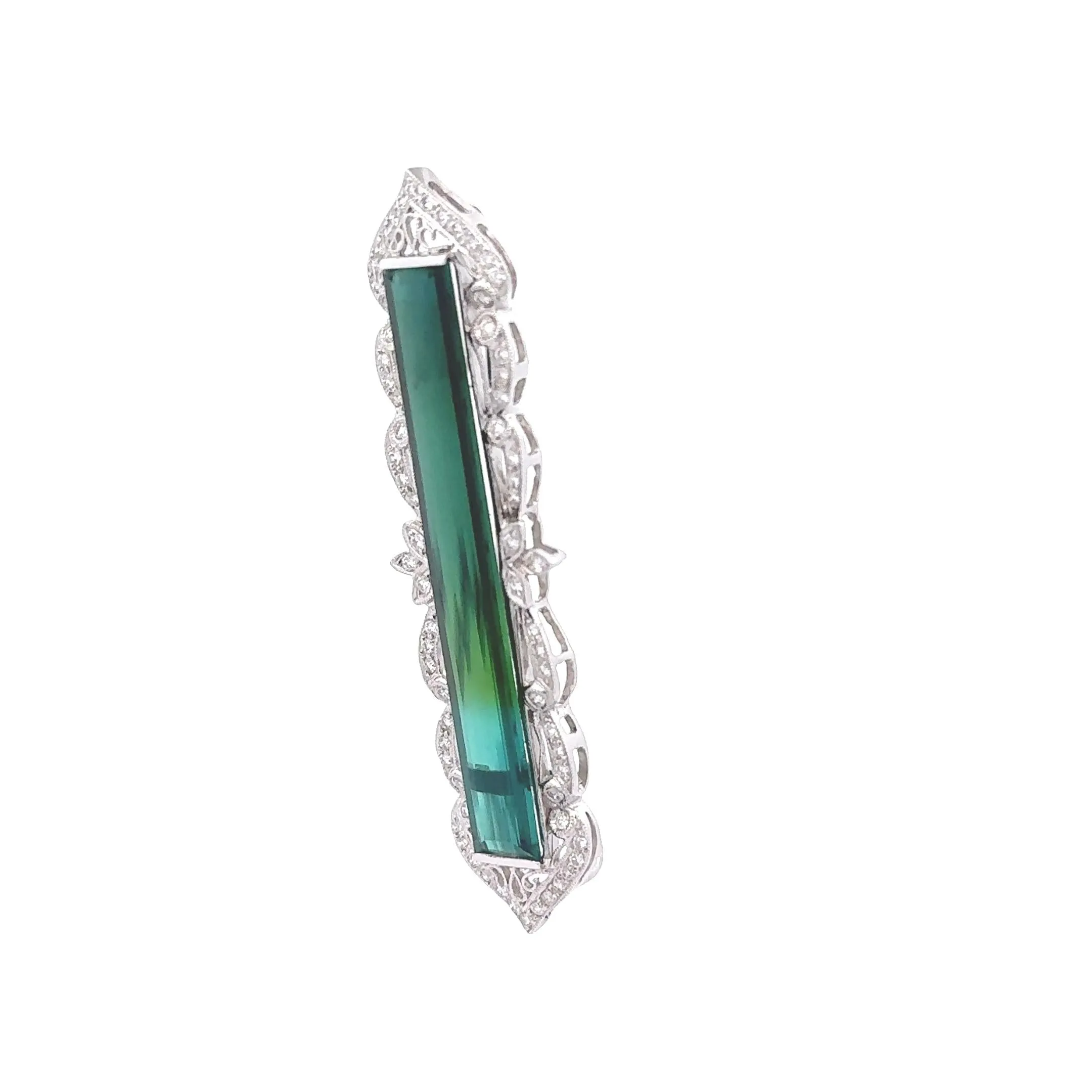 16 Carats Bi-Color Tourmaline Diamond 18k White Gold Antique Style Brooch
