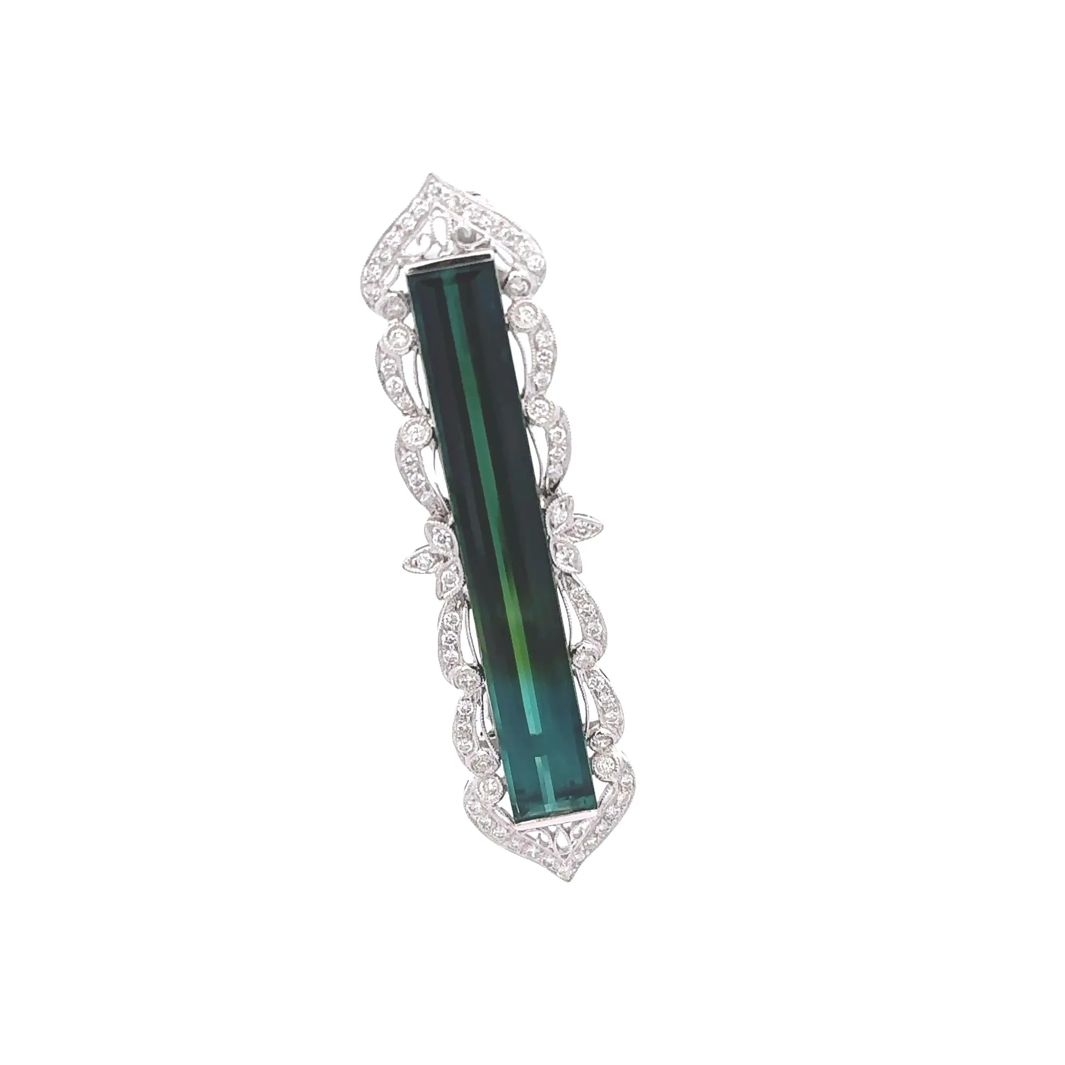 16 Carats Bi-Color Tourmaline Diamond 18k White Gold Antique Style Brooch