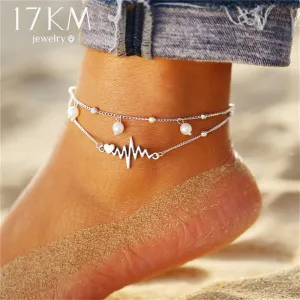 17KM 6 Design Fashion Anklets Bracelet For Ankle 2019 Vintage Silver Simulation Pearl Heart Beads Anklet Woman Bohemian Jewelry