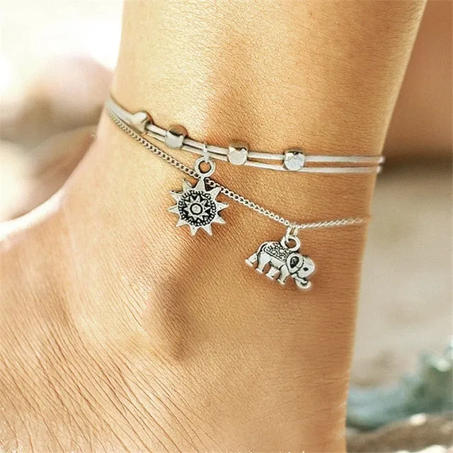 17KM Fashion Sun Elephant Anklet Set For Women Vintage Beach Foot jewelry Statement Anklets Boho Style Party Bohemian Jewelry