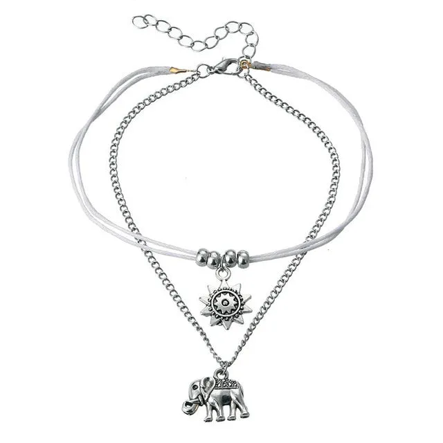17KM Vintage Boho Multi Layer Beads Anklets For Women Fashion Sun Pendent Anklet Cotton Handmade Chain Foot Party Jewelry Gift