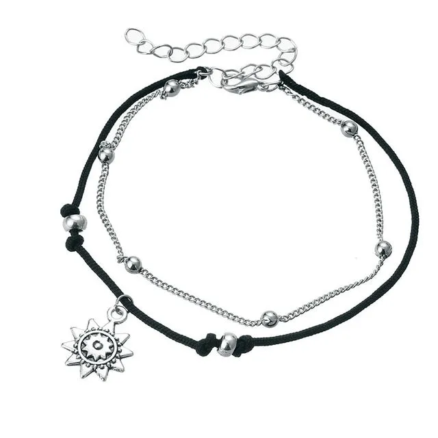 17KM Vintage Boho Multi Layer Beads Anklets For Women Fashion Sun Pendent Anklet Cotton Handmade Chain Foot Party Jewelry Gift