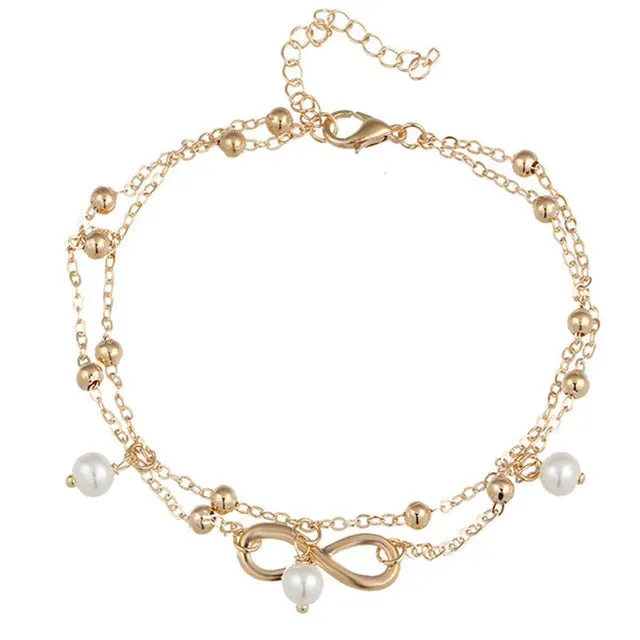 17KM Vintage Boho Multi Layer Beads Anklets For Women Fashion Sun Pendent Anklet Cotton Handmade Chain Foot Party Jewelry Gift