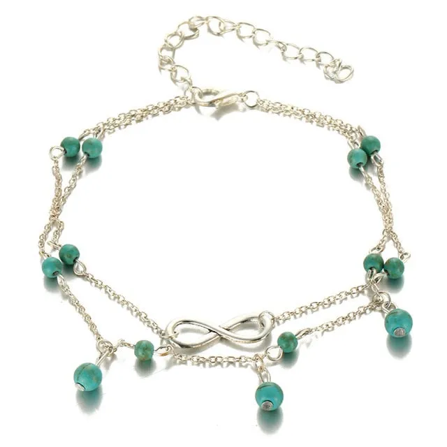 17KM Vintage Boho Multi Layer Beads Anklets For Women Fashion Sun Pendent Anklet Cotton Handmade Chain Foot Party Jewelry Gift