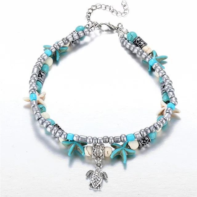17KM Vintage Boho Multi Layer Beads Anklets For Women Fashion Sun Pendent Anklet Cotton Handmade Chain Foot Party Jewelry Gift