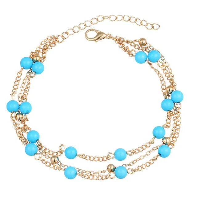 17KM Vintage Boho Multi Layer Beads Anklets For Women Fashion Sun Pendent Anklet Cotton Handmade Chain Foot Party Jewelry Gift