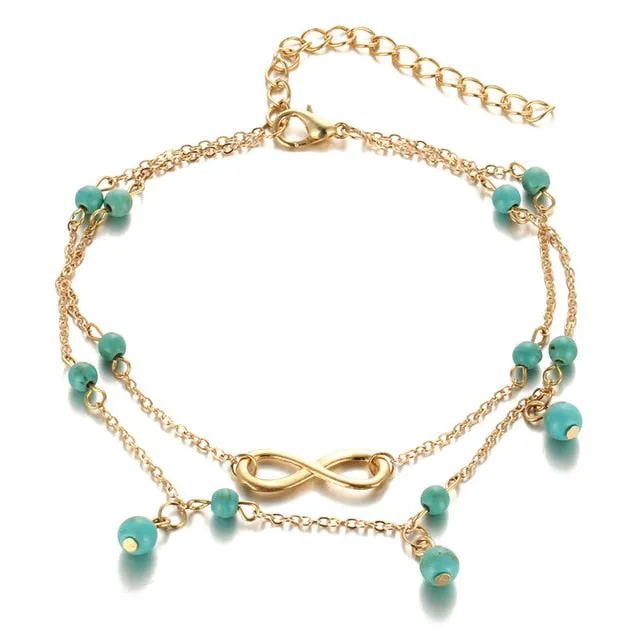 17KM Vintage Boho Multi Layer Beads Anklets For Women Fashion Sun Pendent Anklet Cotton Handmade Chain Foot Party Jewelry Gift