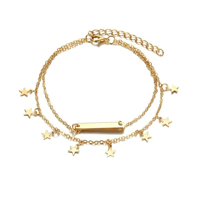 17KM Vintage Boho Multi Layer Beads Anklets For Women Fashion Sun Pendent Anklet Cotton Handmade Chain Foot Party Jewelry Gift