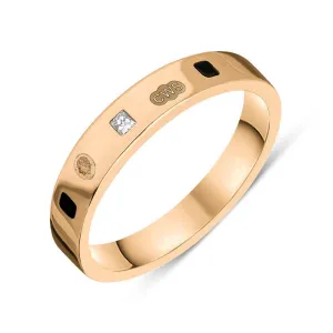 18ct Rose Gold 0.09ct Diamond Whitby Jet King's Coronation Hallmark Princess Cut 4mm Ring D