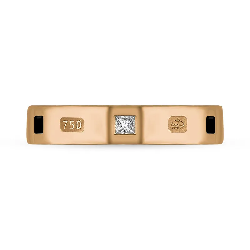 18ct Rose Gold 0.09ct Diamond Whitby Jet King's Coronation Hallmark Princess Cut 4mm Ring D