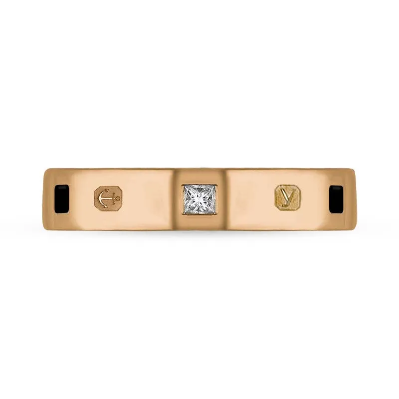 18ct Rose Gold 0.09ct Diamond Whitby Jet King's Coronation Hallmark Princess Cut 4mm Ring D