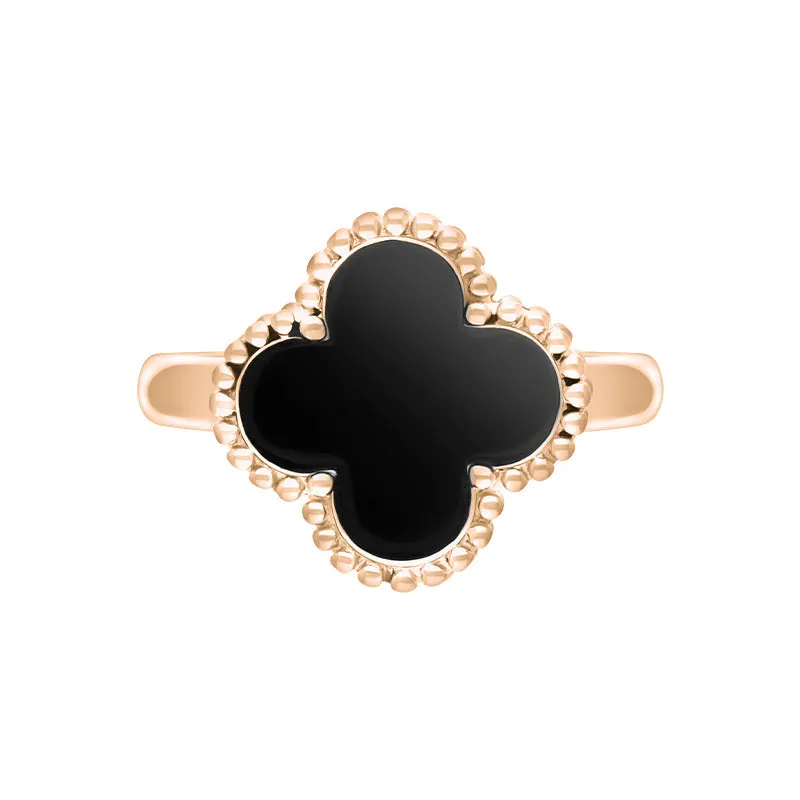 18ct Rose Gold Whitby Jet Bloom Four Leaf Clover Ball Edge Ring