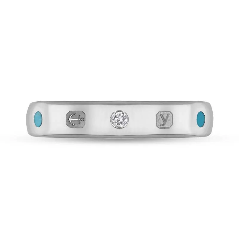 18ct White Gold 0.08ct Diamond Turquoise King's Coronation Hallmark 4mm Ring D