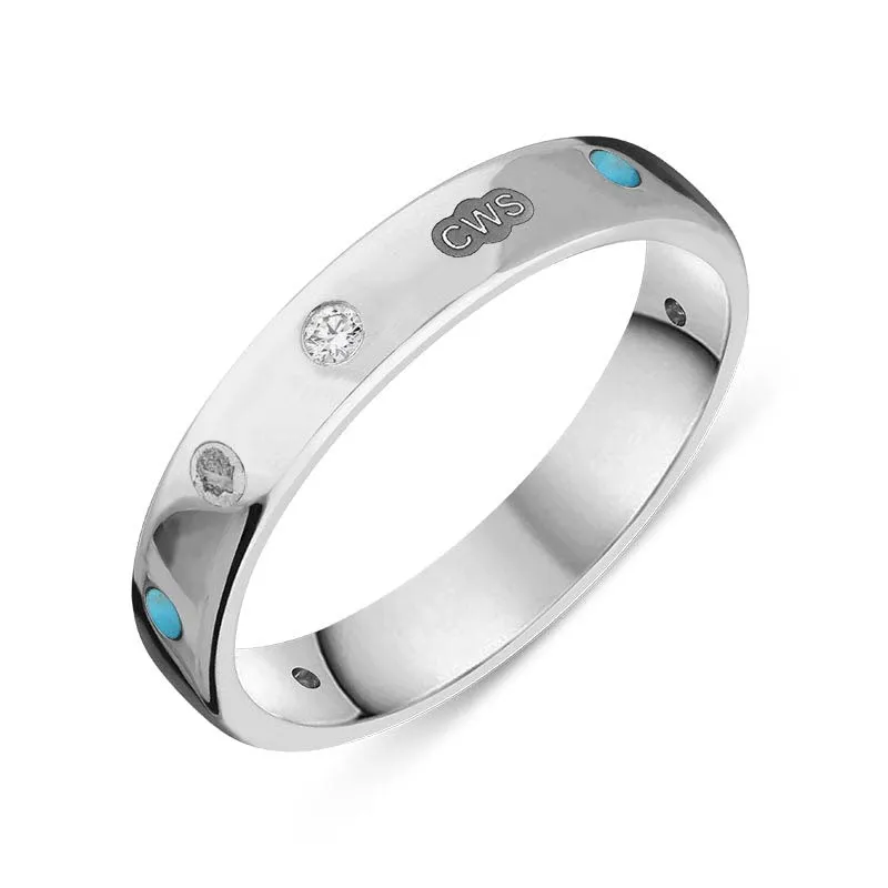 18ct White Gold 0.08ct Diamond Turquoise King's Coronation Hallmark 4mm Ring D