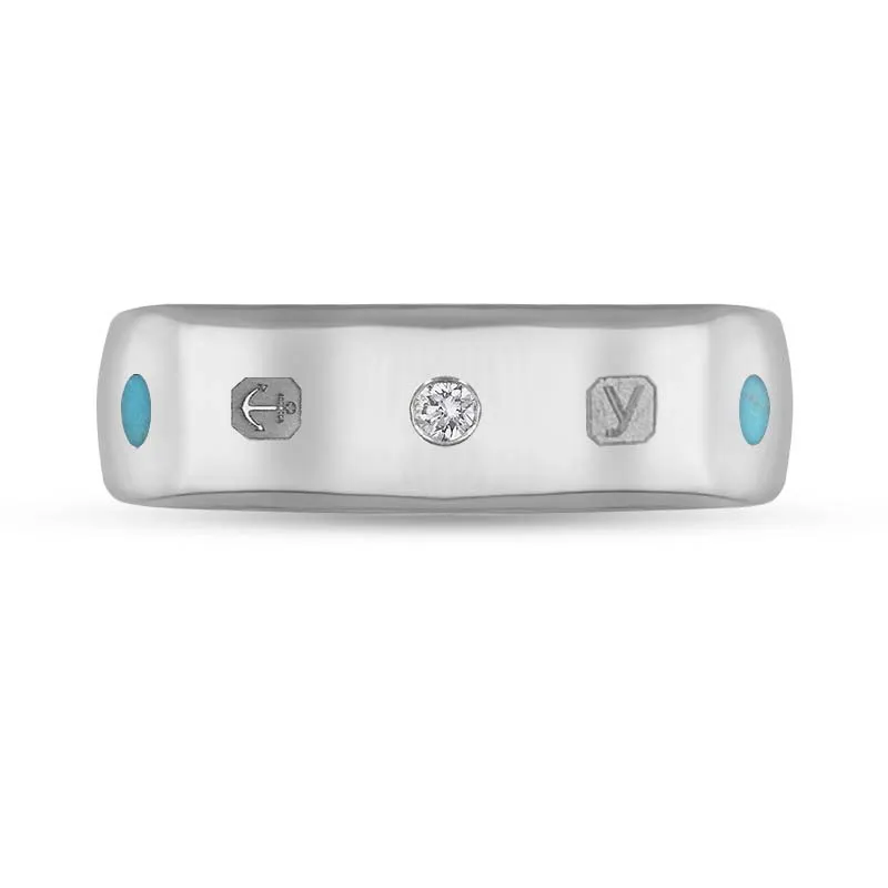 18ct White Gold 0.09ct Diamond Turquoise King's Coronation Hallmark 6mm Ring D