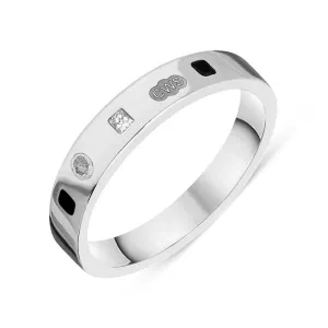 18ct White Gold 0.09ct Diamond Whitby Jet King's Coronation Hallmark Princess Cut 4mm Ring D