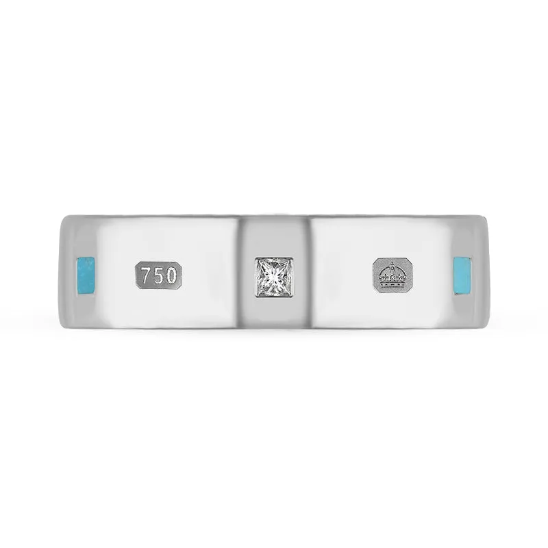 18ct White Gold 0.18ct Diamond Turquoise King's Coronation Hallmark Princess Cut 6mm Ring D