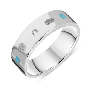18ct White Gold 0.18ct Diamond Turquoise King's Coronation Hallmark Princess Cut 6mm Ring D