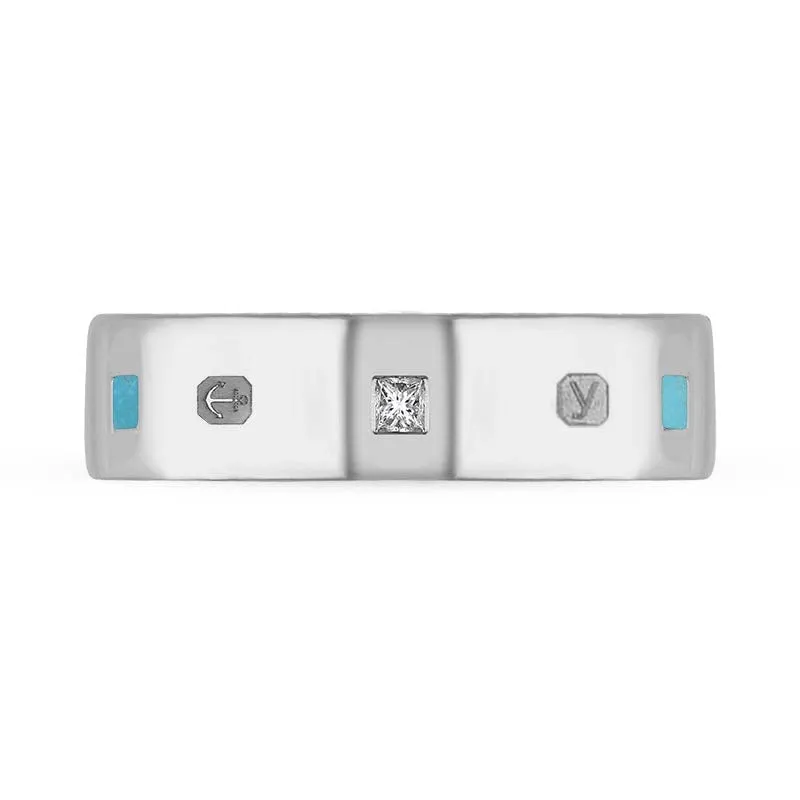 18ct White Gold 0.18ct Diamond Turquoise King's Coronation Hallmark Princess Cut 6mm Ring D