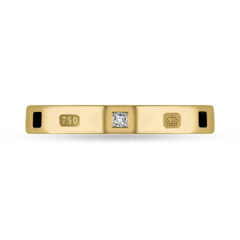 18ct Yellow Gold 0.05ct Diamond Whitby Jet King's Coronation Hallmark Princess Cut 3mm Ring D