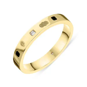 18ct Yellow Gold 0.05ct Diamond Whitby Jet King's Coronation Hallmark Princess Cut 3mm Ring D