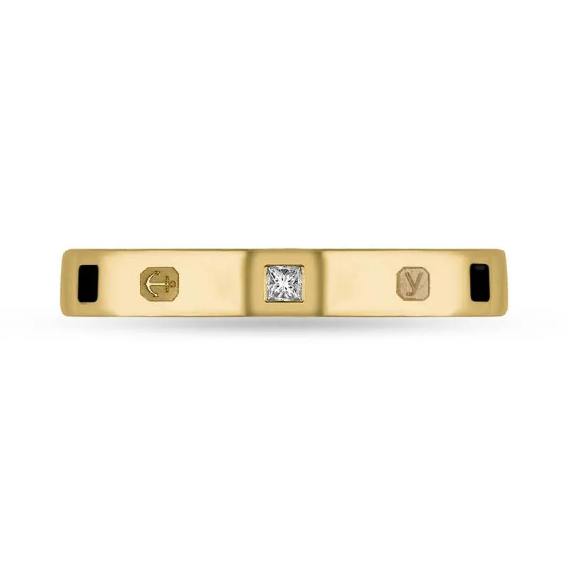18ct Yellow Gold 0.05ct Diamond Whitby Jet King's Coronation Hallmark Princess Cut 3mm Ring D