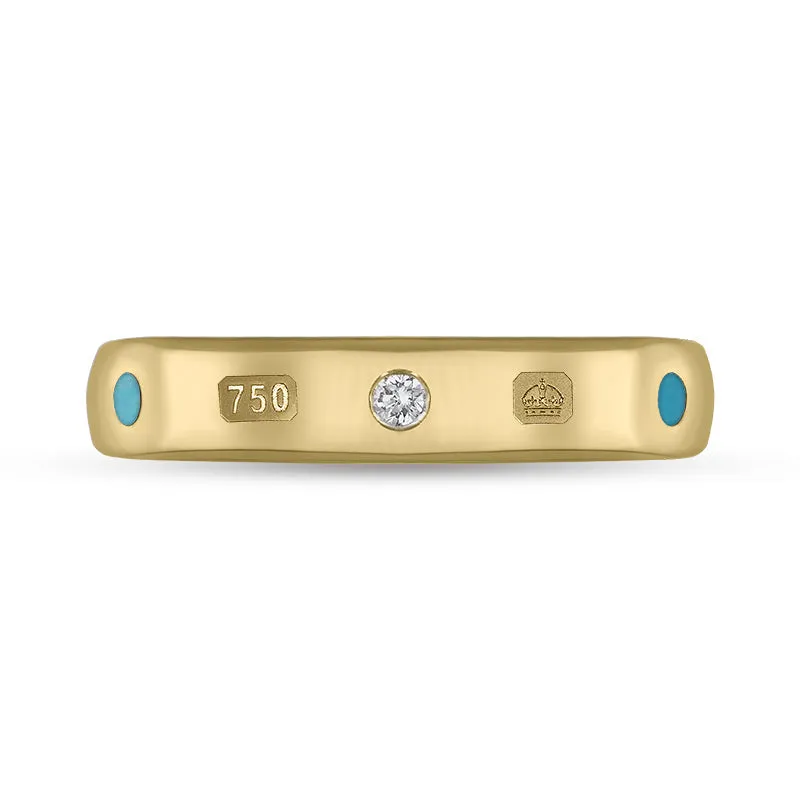 18ct Yellow Gold 0.08ct Diamond Turquoise King's Coronation Hallmark 4mm Ring D