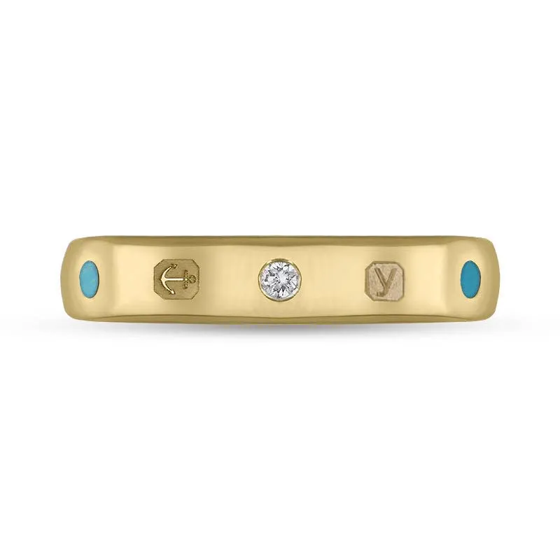 18ct Yellow Gold 0.08ct Diamond Turquoise King's Coronation Hallmark 4mm Ring D