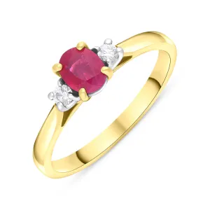 18ct Yellow Gold Ruby Diamond Oval Cut Three Stone Ring D