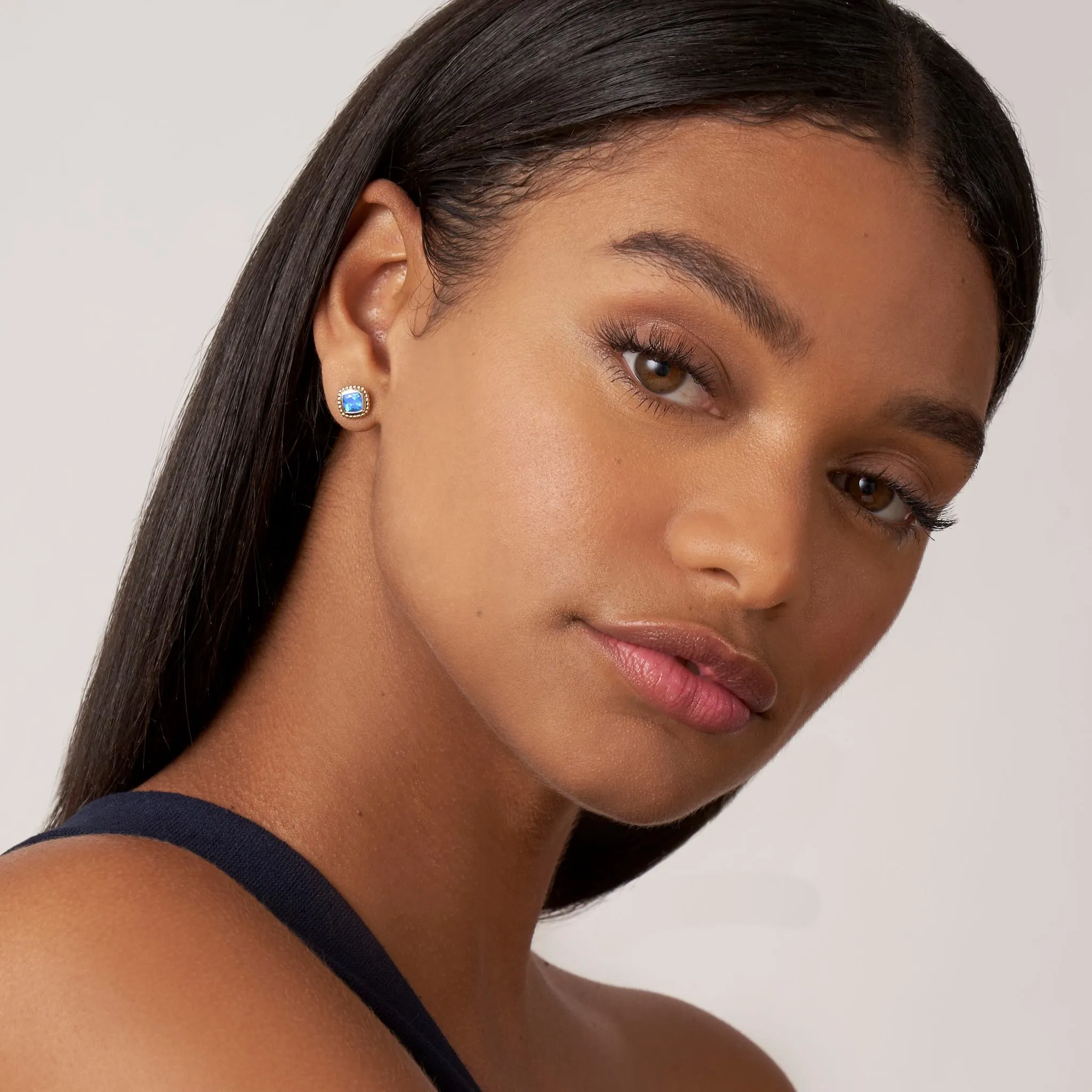 18K Gold Caviar Swiss Blue Topaz Stud Earrings