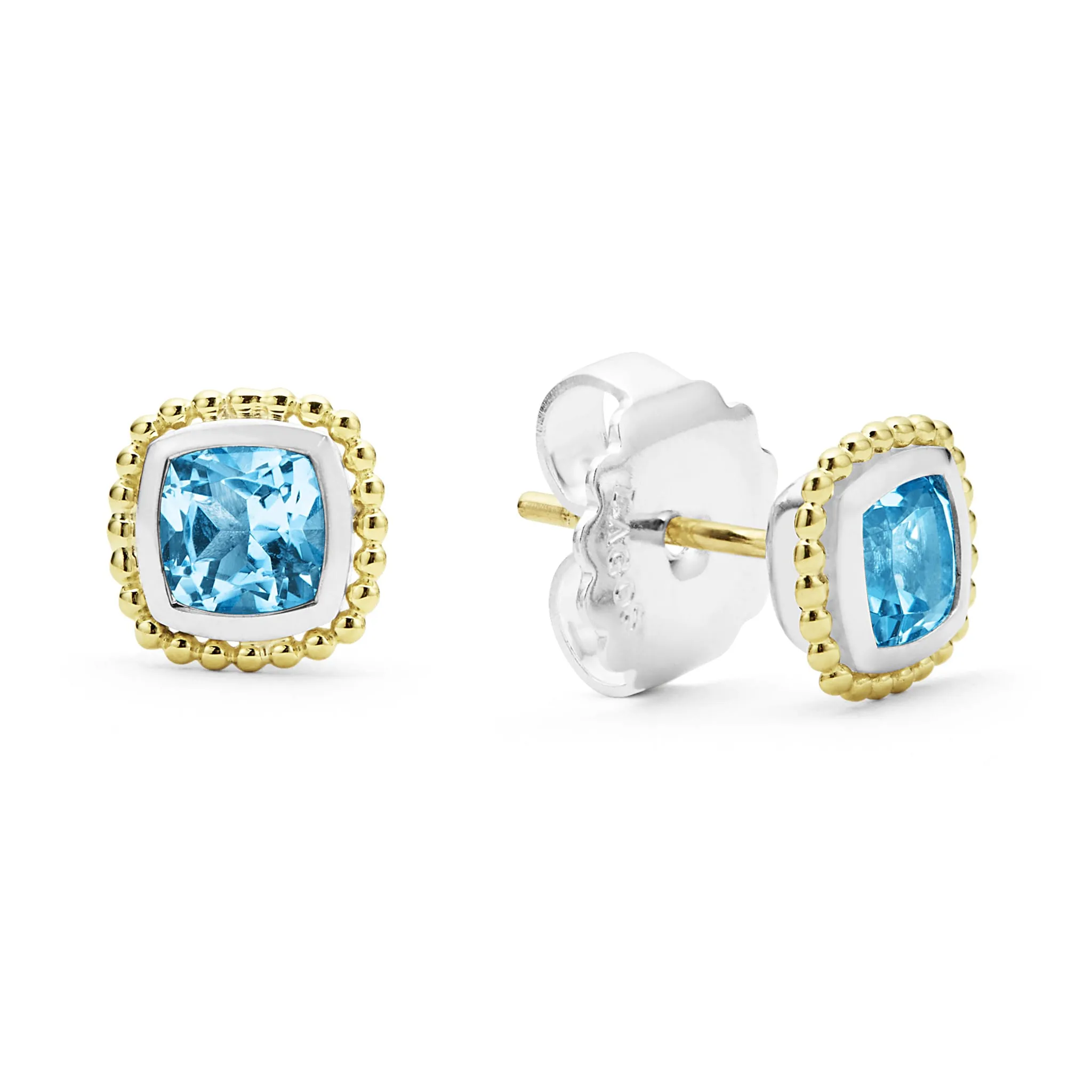18K Gold Caviar Swiss Blue Topaz Stud Earrings