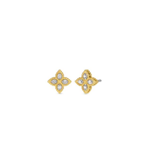 18K GOLD PRINCESS FLOWER SMALL DIAMOND STUD EARRINGS
