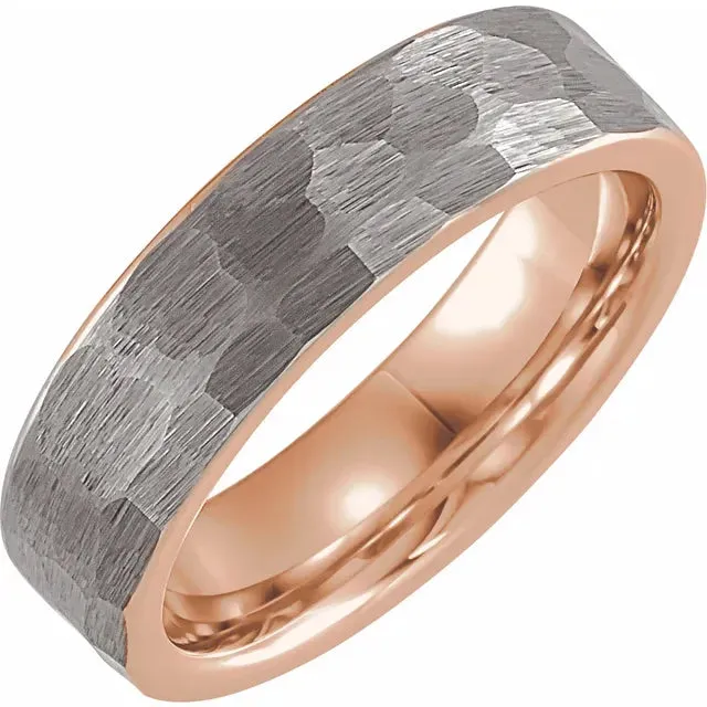 18K Rose Gold PVD 6 mm Hammered Texture Tungsten Band