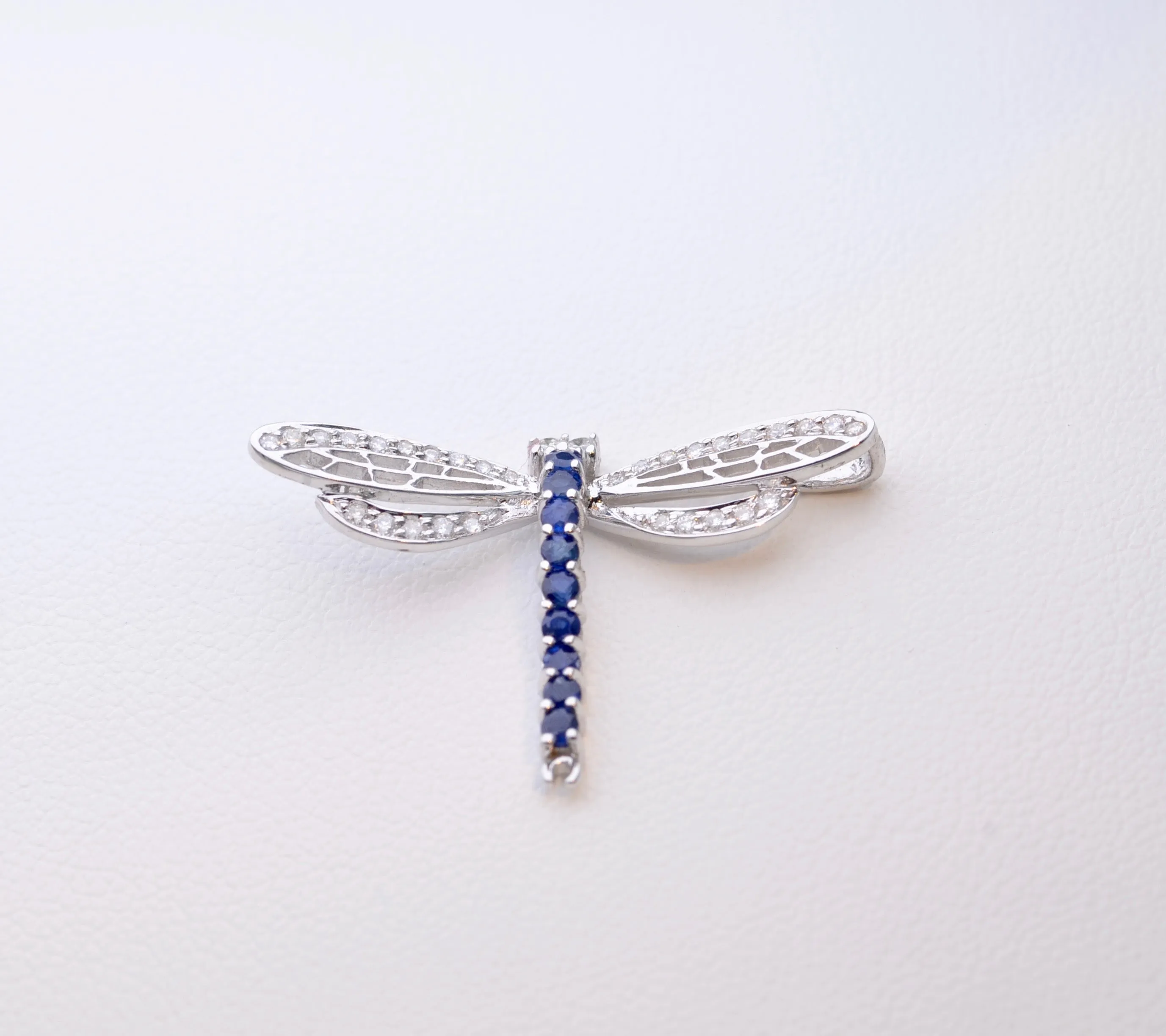 18K White Gold Diamond and Sapphire Dragonfly Pin