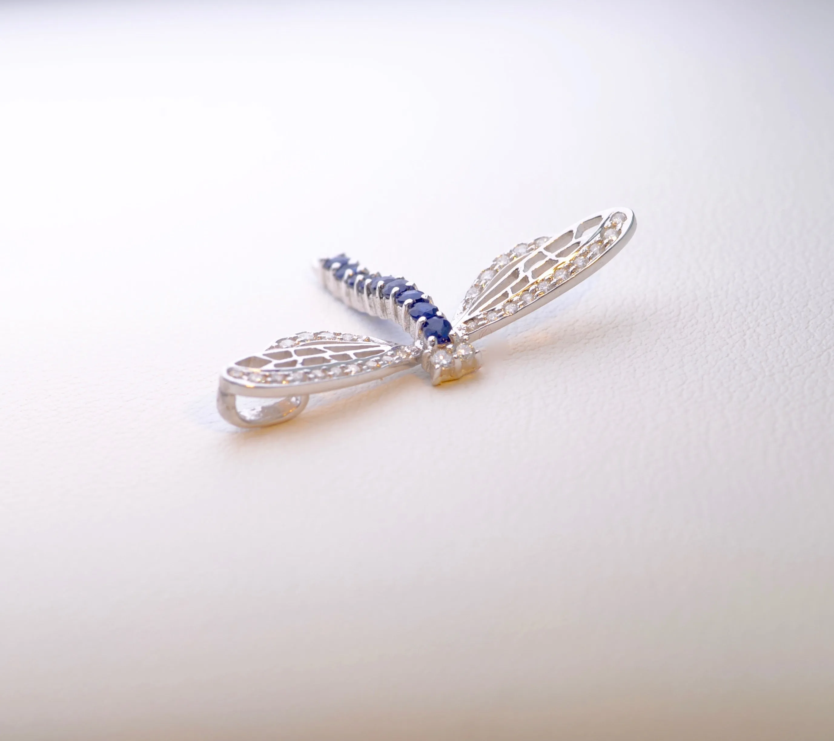 18K White Gold Diamond and Sapphire Dragonfly Pin