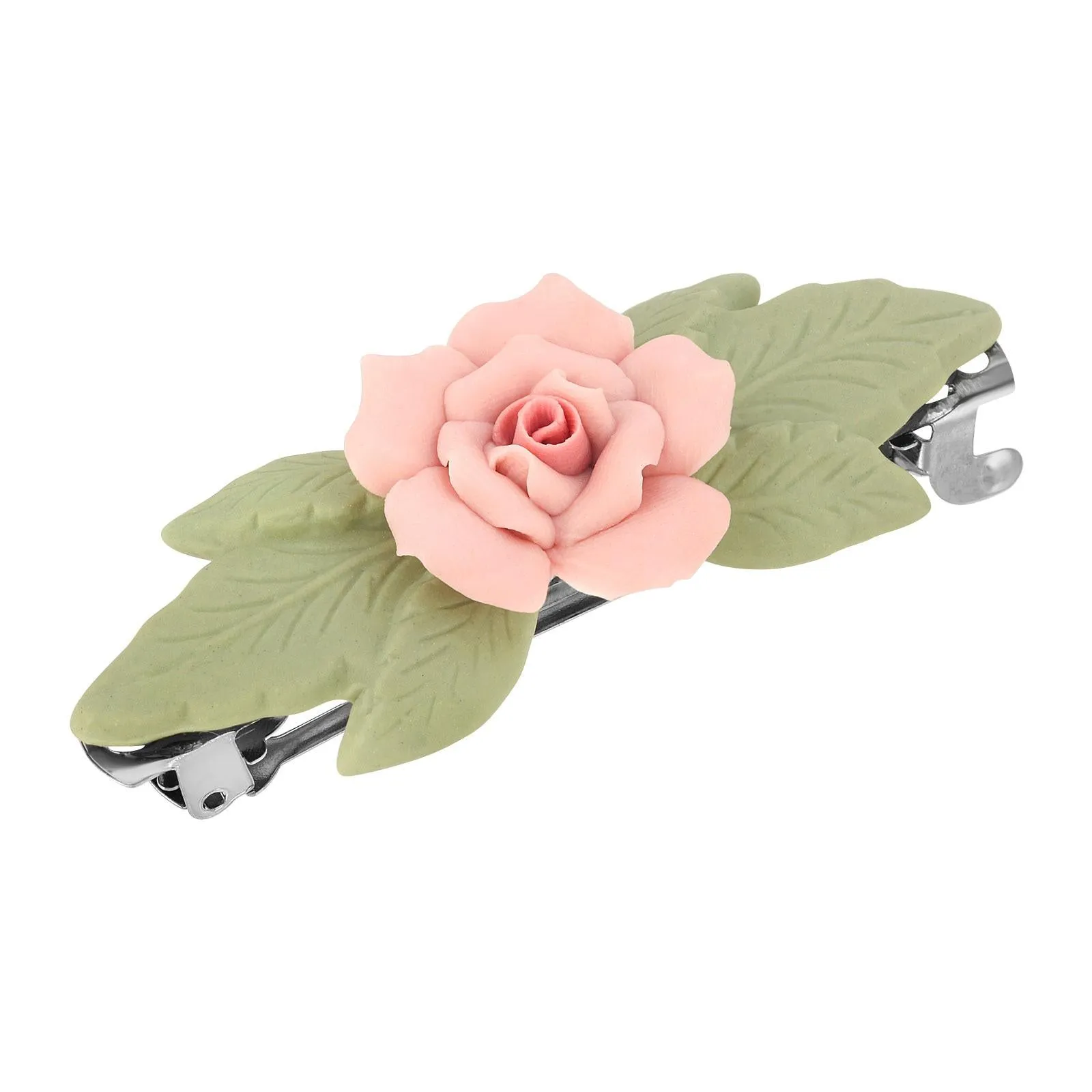 1928 Jewelry Genuine Porcelain Rose And Green Leaf French Hair Barrette