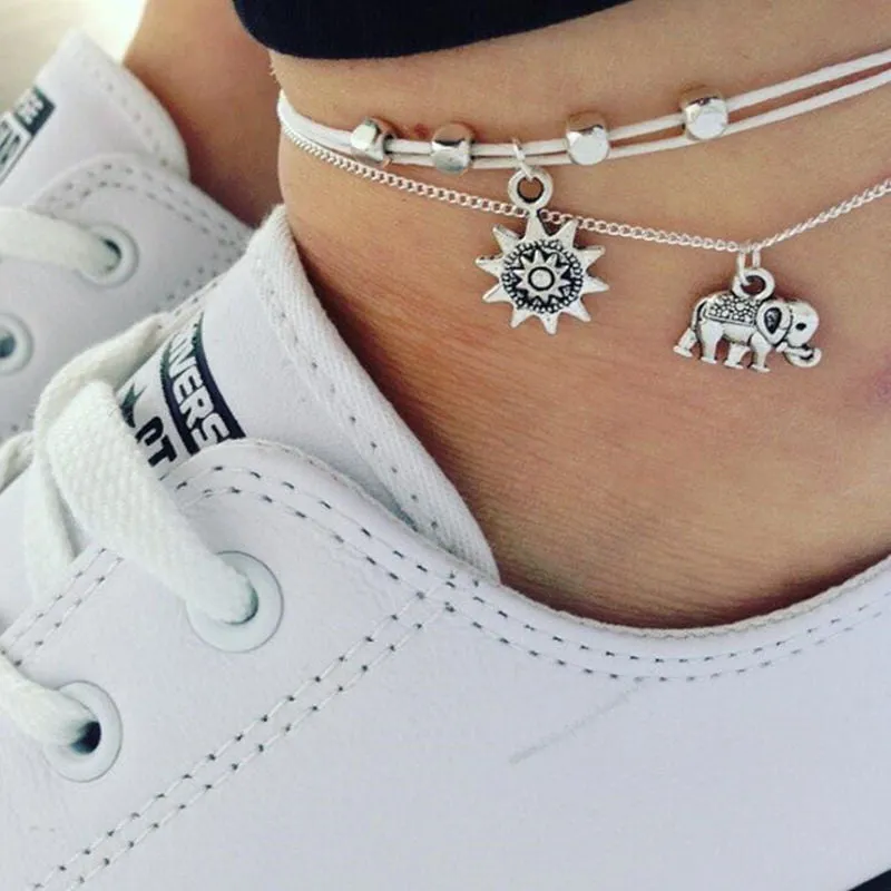 2018 Fashion Vintage Multiple Layers Anklets for Women Elephant Sun Pendant Charms Rope Chain Beach Summer Foot Ankle Bracelet