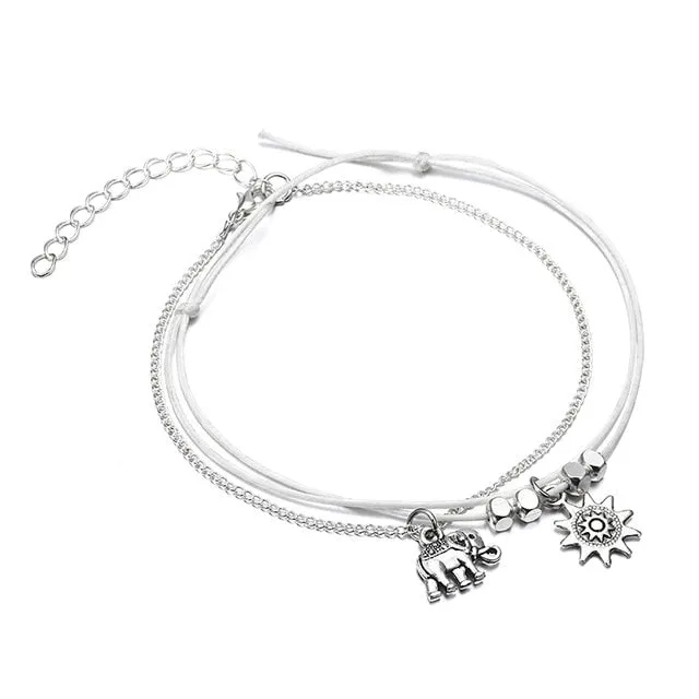 2018 Fashion Vintage Multiple Layers Anklets for Women Elephant Sun Pendant Charms Rope Chain Beach Summer Foot Ankle Bracelet
