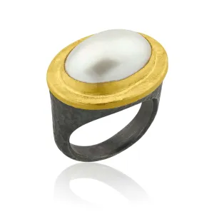 24K Gold & Oxidized Silver Oval Mabe Pearl Pompei Ring