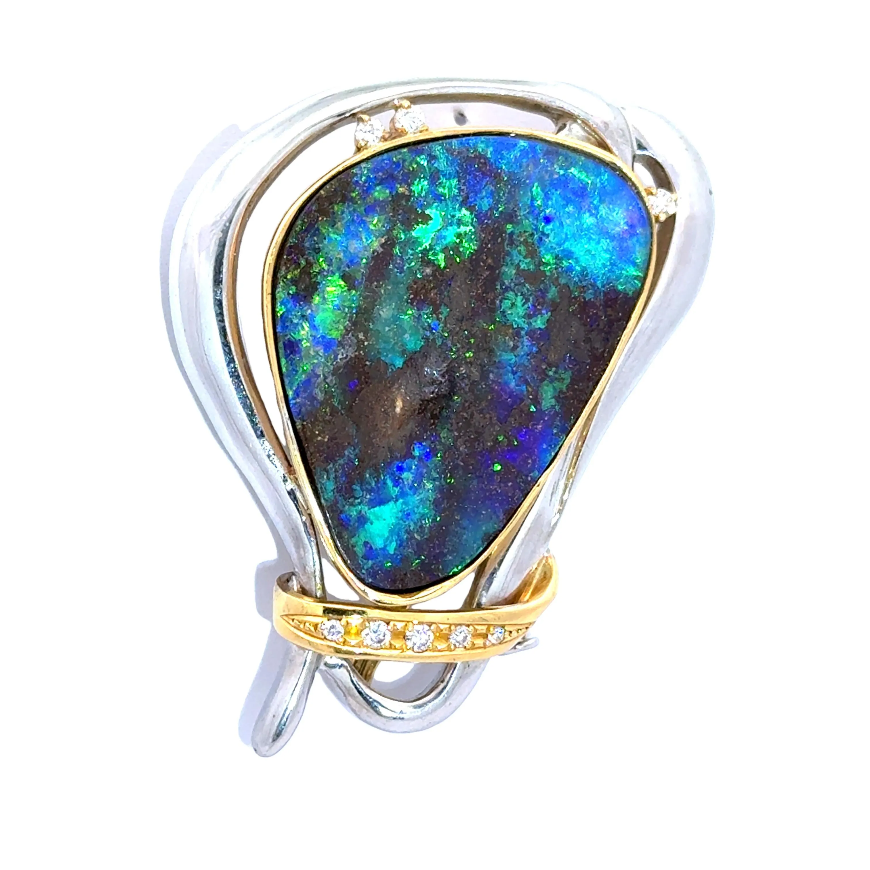 32.41 Carat Australian Boulder Opal Diamond 18K Yellow Gold & Platinum Brooch