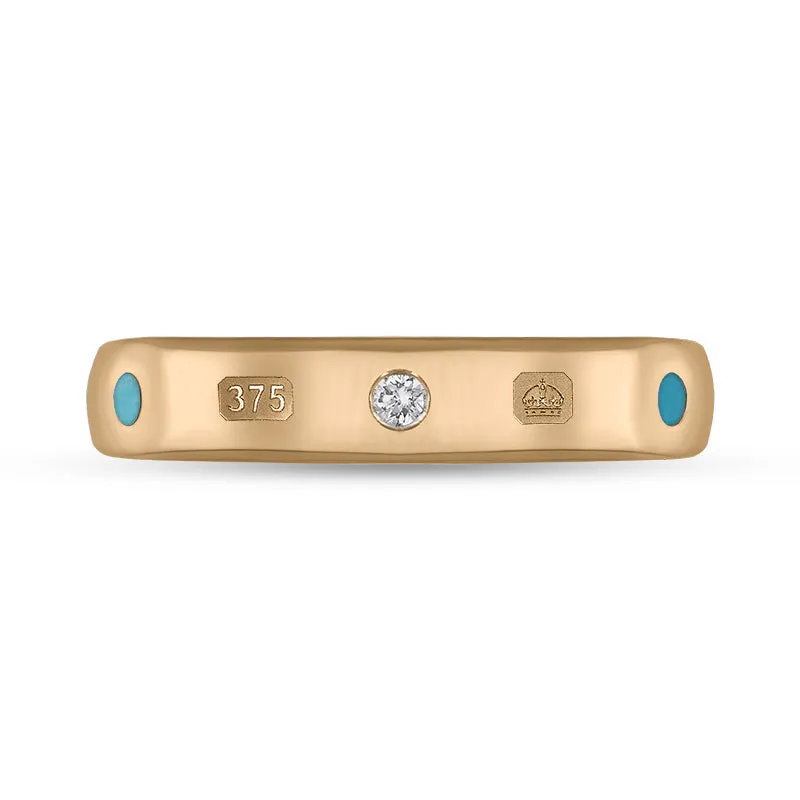 9ct Rose Gold 0.08ct Diamond Turquoise King's Coronation Hallmark 4mm Ring D