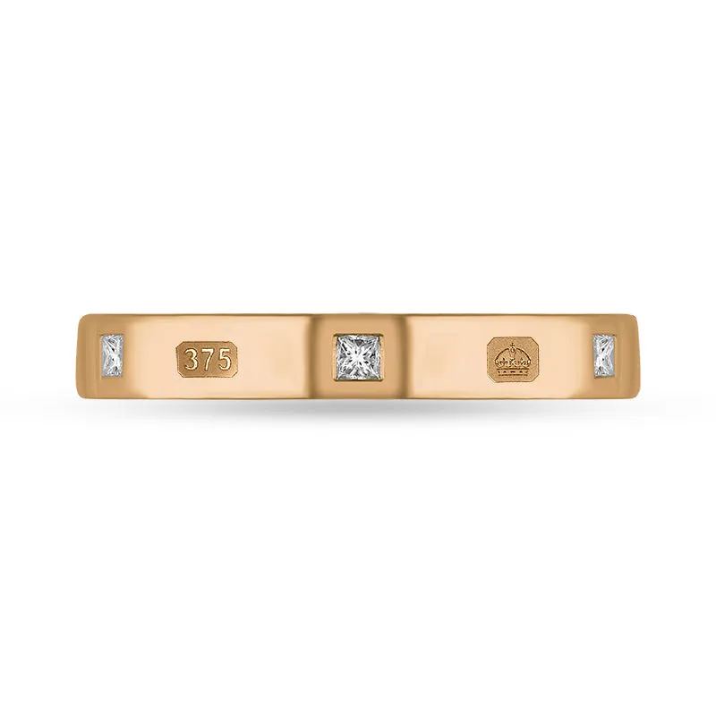 9ct Rose Gold 0.09ct Diamond King's Coronation Hallmark Princess Cut 3mm Ring D